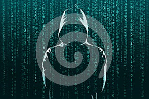 Computer hacker in mask and hoodie over abstract binary background. Obscured dark face. Data thief, internet fraud