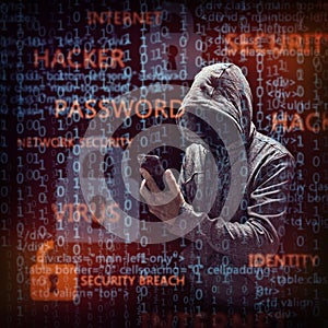 Computer hacker with mobile phone photo