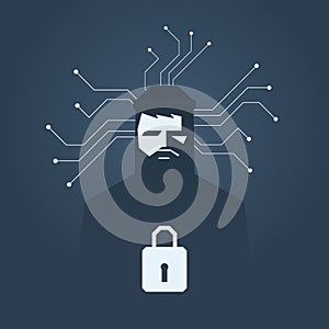 Computer hacker and ransomware vector concept. Criminal hacking, data theft and blackmailing symbol.