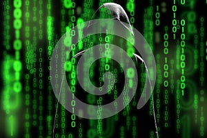 Computer hacker silhouette of hooded man with binary data screen and network security terms matrix theme photo