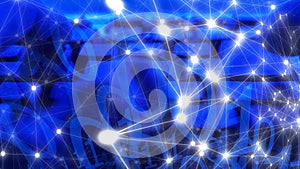 Computer hacker typing on keyboard, circle dots and lines connected