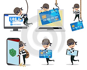 Computer hacker vector character set. Cyber security thief hacking computer and mobile stealing credit card information