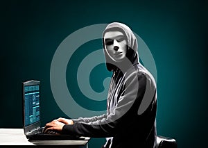 Computer hacker in white mask and hoodie. Obscured dark face. Data thief, internet fraud, darknet and cyber security