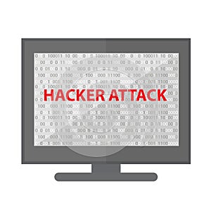 Computer hacking system icon. Monitor with binary code and hacker attack. Isolated on white background. Vector