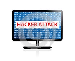 Computer hacking system icon. Monitor with binary code and hacker attack. Isolated on white background. Vector
