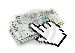 Computer hand cursor with polish money.
