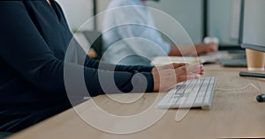 Computer, hands and woman typing on a keyboard while working on a corporate project in office. Technology, research and