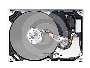 Computer hard disk drive HDD with opened cover isolated on white background. Top view, close up