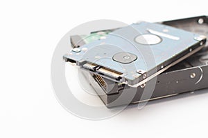 Computer hard disk drives. HDD for computer and laptop on white background. Selective focus