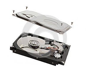 computer hard disk inside view with mirrored blank disks on which data is recorded and a magnetic head. isolated on white