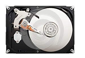 computer hard disk inside view with mirrored blank disks on which data is recorded and a magnetic head. isolated on white. flat