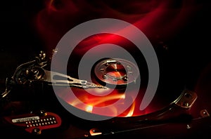 Computer hard drive on fire