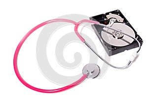 computer hard drive with pink stethoscope