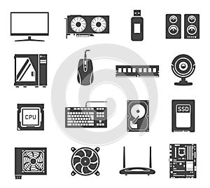 Computer hardware black and white glyph icons set