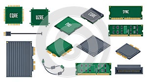 Computer Hardware Components and Microchips Set