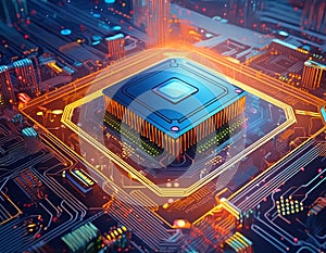 Computer hardware CPU and circuit board with microchip technology