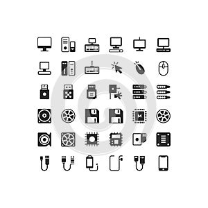 Computer Hardware and Data Storage Solid Icons Set Isolated on White Background