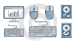 Computer Hardware Devices Line Art Set with Data Analytics Screen