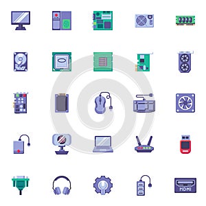 Computer hardware flat icons set