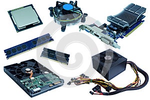 Computer Hardware, hard drive, cpu, cpu fan, ram, vga card, and power supply,