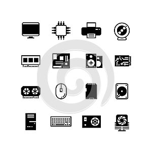 Computer hardware, hdd memory, ram, microchip, cpu vector icons