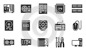 Computer Hardware Icons , motherboard, cpu chip, case computer