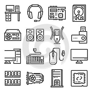 Computer Hardware Icons. PC Components. Motherboard, CPU, Harddisk, Keyboard and more