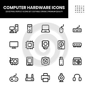 Computer Hardware icons set in 32 x 32 pixel perfect with editable stroke