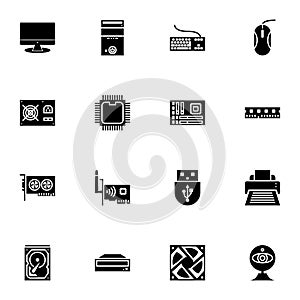 Computer hardware icons set glyph or solid style vector illustration
