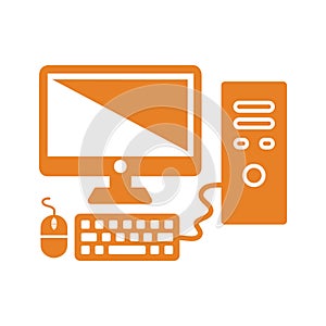 Computer, hardware, keyboard, mouse icon. Orange vector design