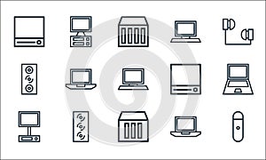 computer hardware line icons. linear set. quality vector line set such as flashdrive, data storage, monitor, laptop, woofer,