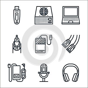 computer hardware line icons. linear set. quality vector line set such as headset, microphone, adapter, ethernet, external storage