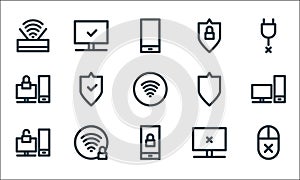 Computer hardware line icons. linear set. quality vector line set such as mouse, lock, unlocked, error, lock, locked, protect,