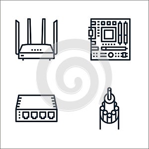 computer hardware line icons. linear set. quality vector line set such as optical fiber, hub, motherboard