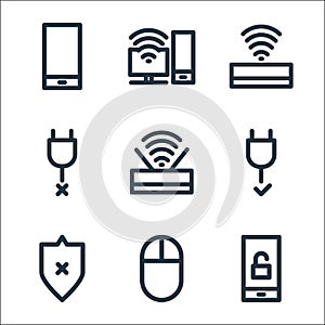 Computer hardware line icons. linear set. quality vector line set such as smartphone, mouse, no protection, cable, wifi, broken