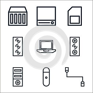 computer hardware line icons. linear set. quality vector line set such as usb cable, flashdrive, computer tower, speaker, laptop,