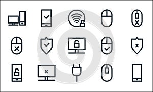 Computer hardware line icons. linear set. quality vector line set such as smartphone, electricity, smartphone, mouse, error, mouse