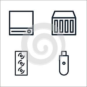 computer hardware line icons. linear set. quality vector line set such as usb drive, woofer, cloud data