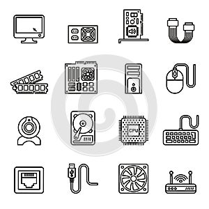 Computer Hardware, PC Components icons set. Line Style stock vector.