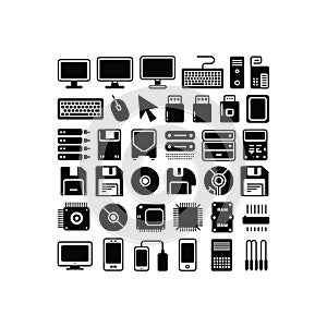 Computer Hardware and Peripheral Icons Set in Solid Style
