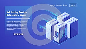 Computer hardware, server room rack, website hosting, database datacenter isometric vector illustration 3d