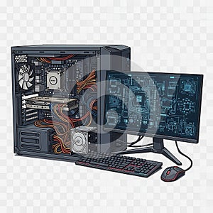 Computer hardware setup isolated on white background