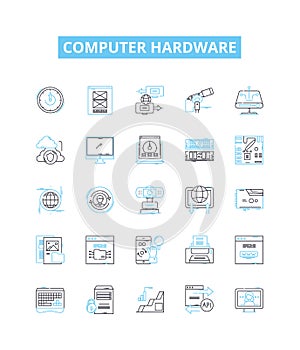 Computer hardware vector line icons set. Computer, Hardware, Monitor, Keyboard, Mouse, CPU, RAM illustration outline