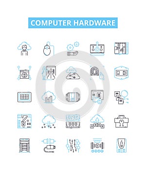 Computer hardware vector line icons set. Computer, Hardware, Monitor, Keyboard, Mouse, CPU, RAM illustration outline