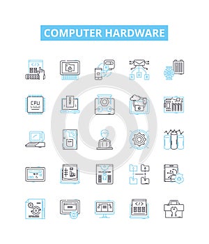 Computer hardware vector line icons set. Computer, Hardware, Monitor, Keyboard, Mouse, CPU, RAM illustration outline