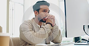 Computer, headache and face of businessman stress over bad investment, stock market crash or financial economy crisis