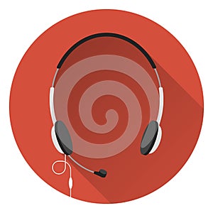 Computer headphones with microphone, orange background, flat style, icon.