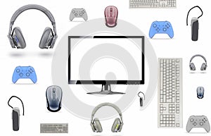 computer, headphones, mouse, gamepad, wifi, keyboard isolated on white background and create collage