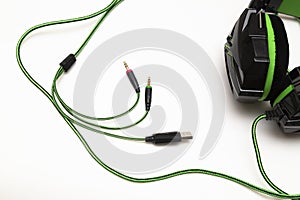 Computer headphones on a white background.A device for listening to audio recordings