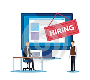 computer with hiring document and businessmen office